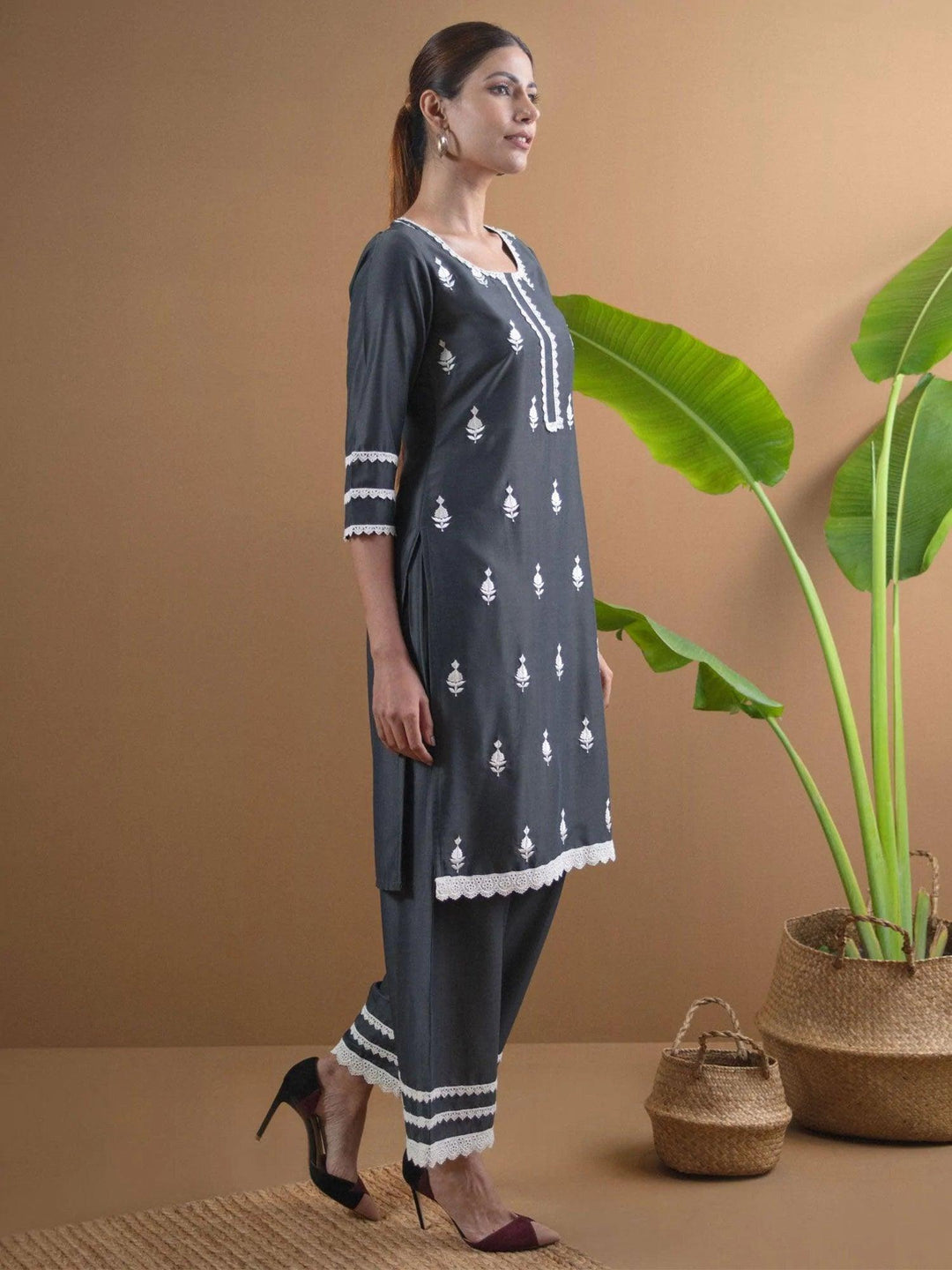 Grey Embroidered Shantoon Kurta Set - ShopLibas