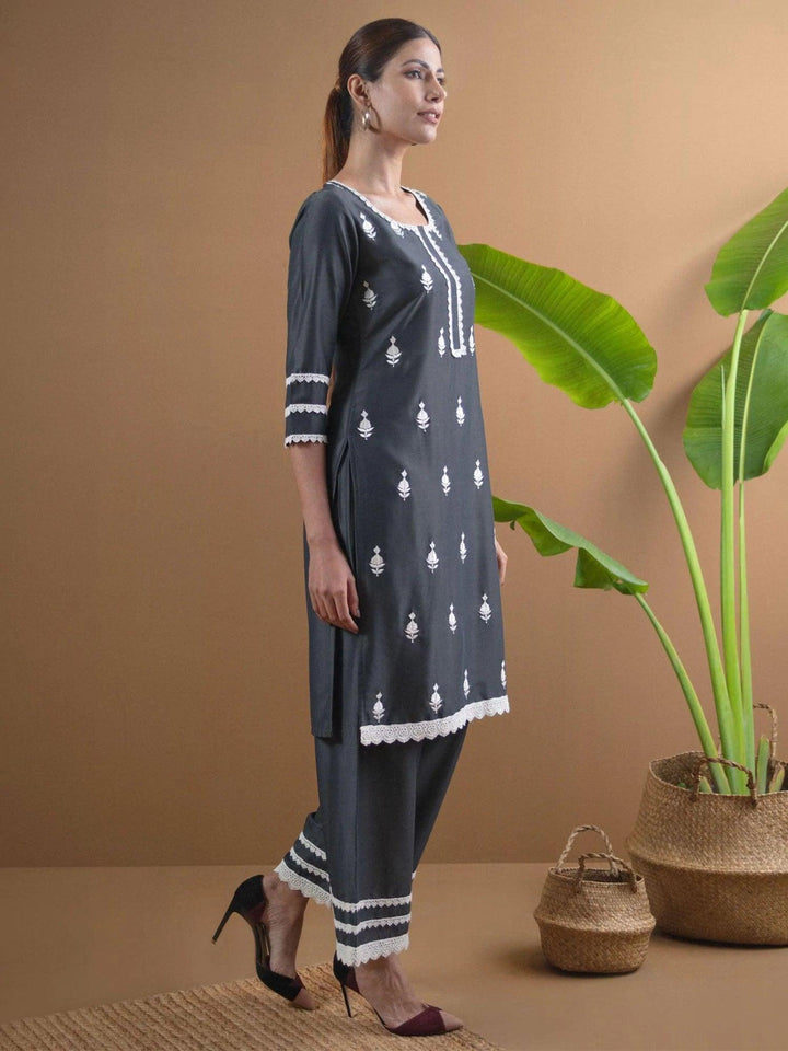 Grey Embroidered Shantoon Kurta Set - ShopLibas