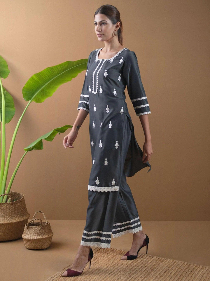 Grey Embroidered Shantoon Kurta Set - ShopLibas