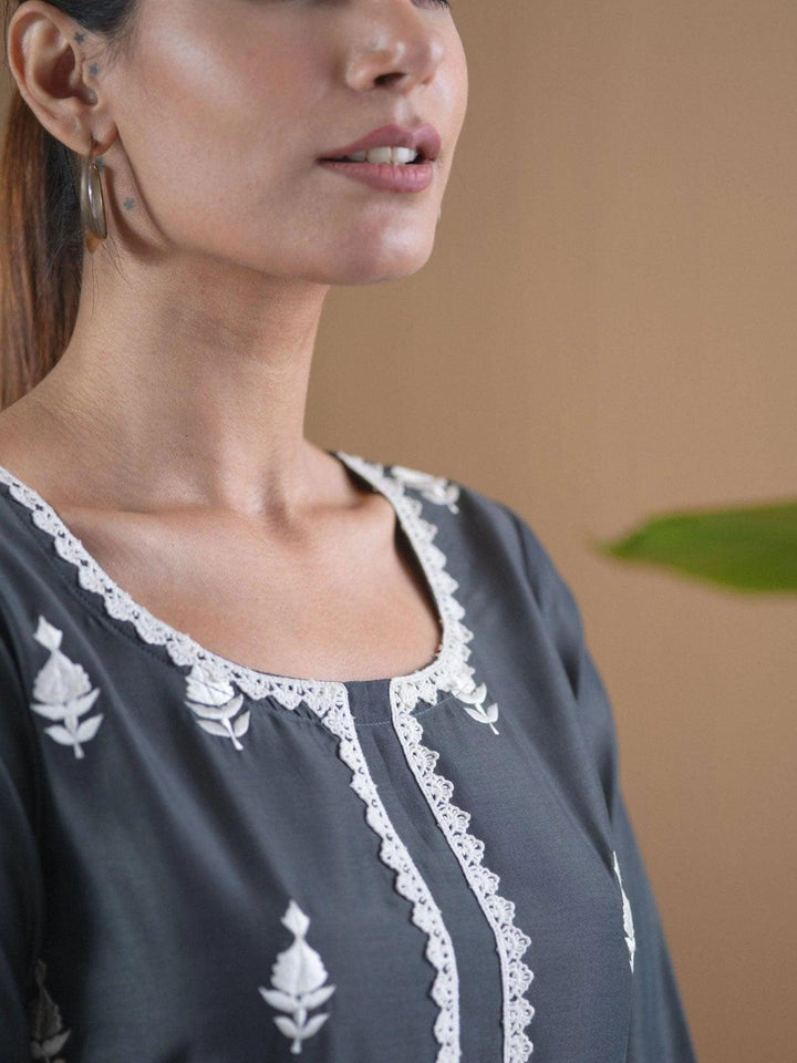 Grey Embroidered Shantoon Kurta Set - ShopLibas