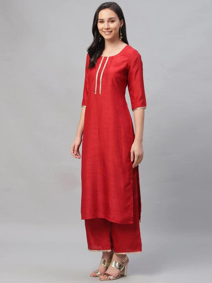 Red Solid Polyester Suit Set - ShopLibas