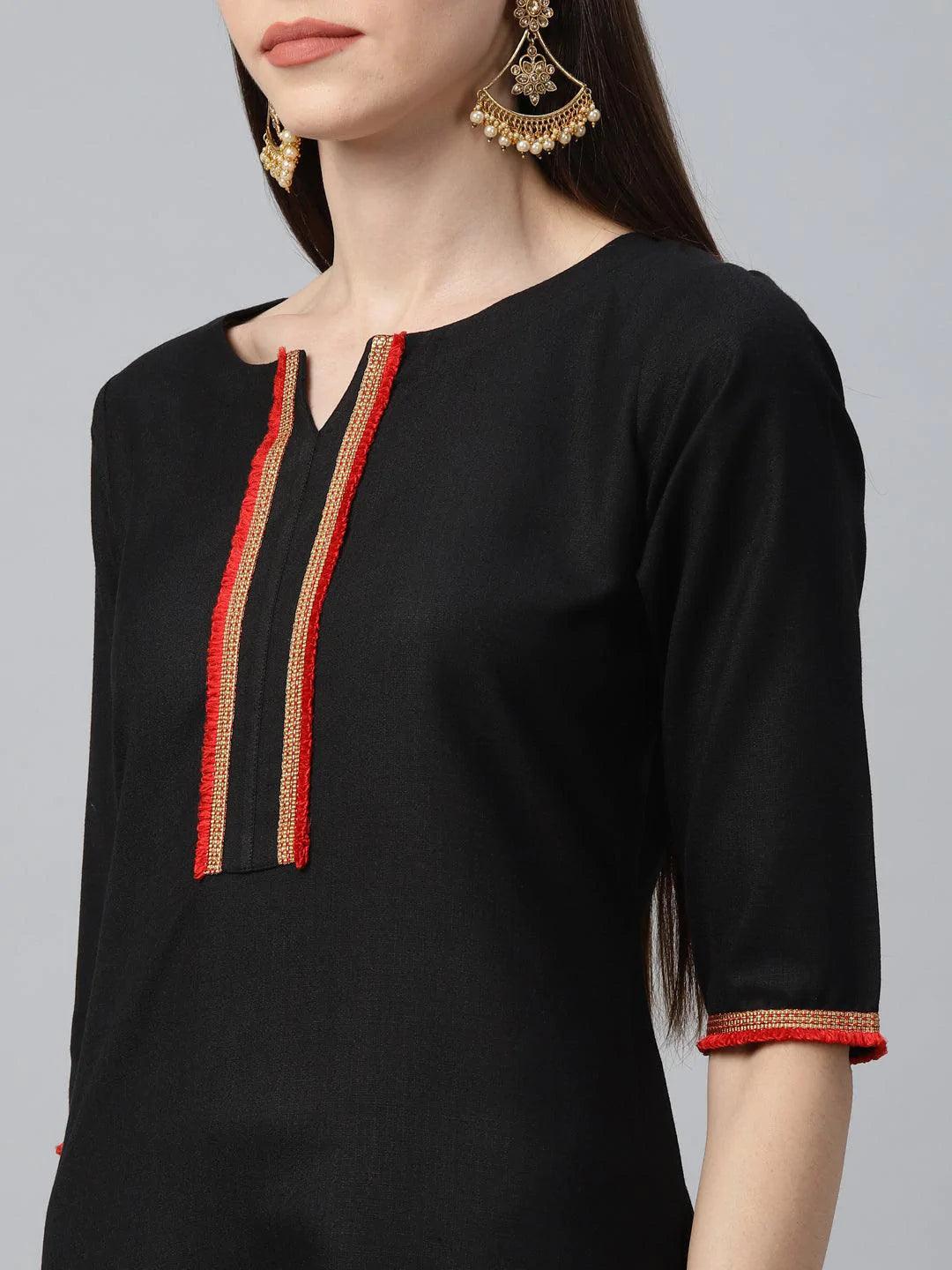 Black Solid Cotton Suit Set - ShopLibas