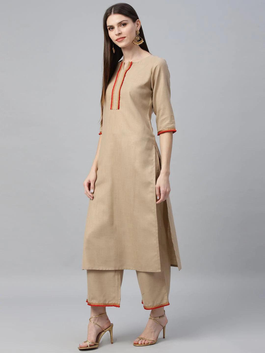 Beige Solid Cotton Suit Set - ShopLibas