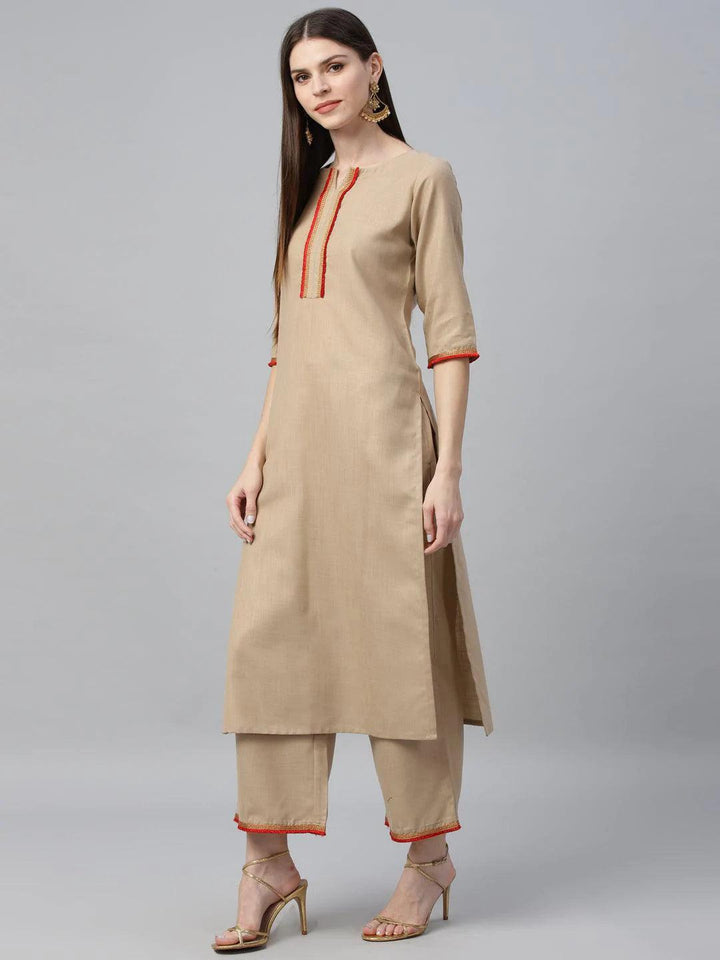 Beige Solid Cotton Suit Set - ShopLibas
