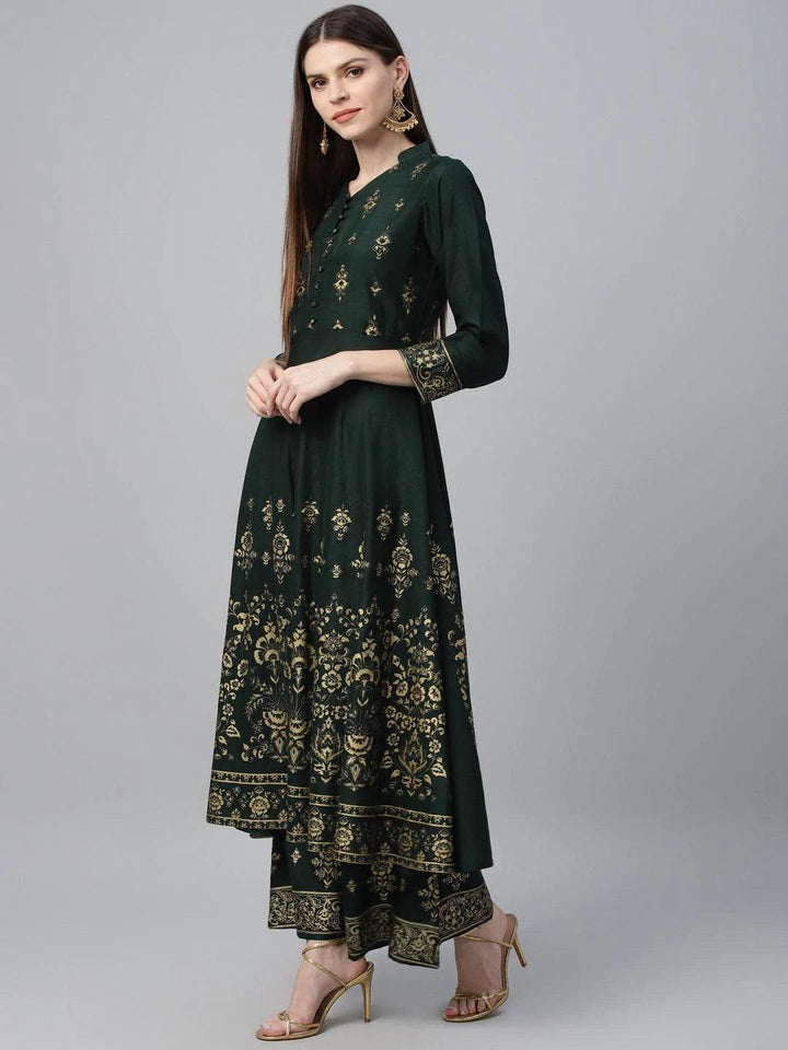 Green Printed Polyester Kurta Set - ShopLibas