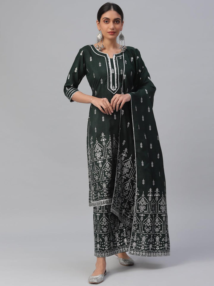 Green Printed Polyester Suit Set - ShopLibas