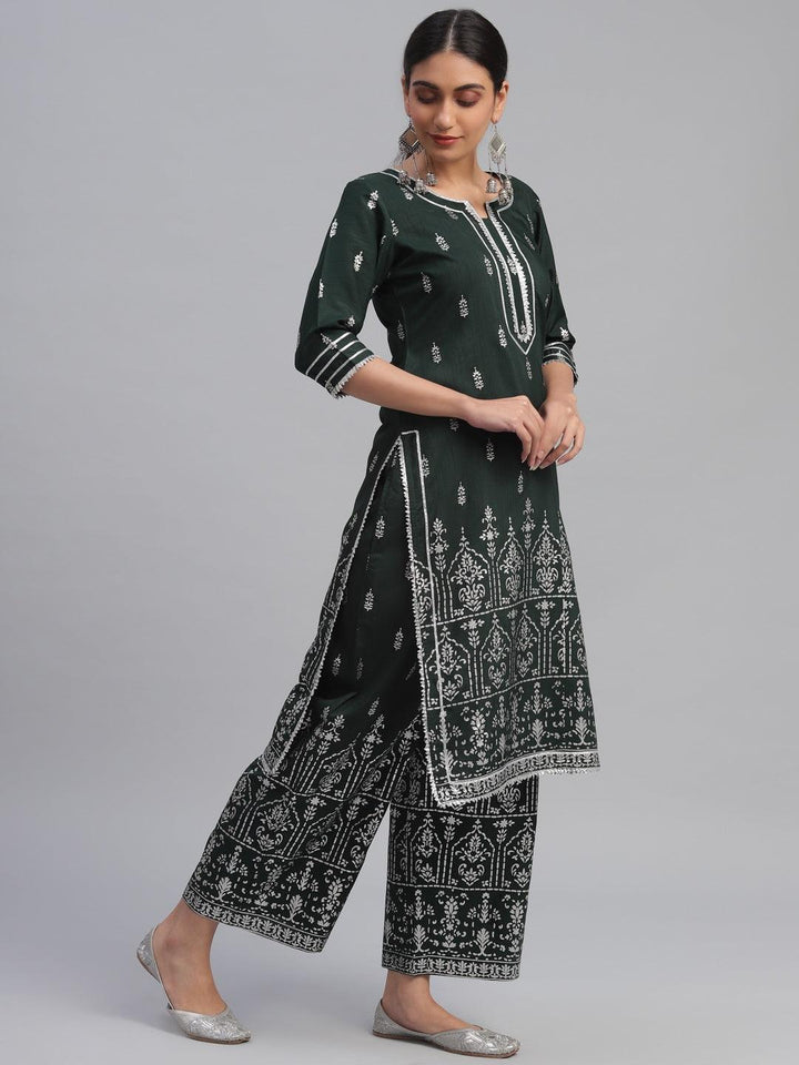 Green Printed Polyester Suit Set - ShopLibas