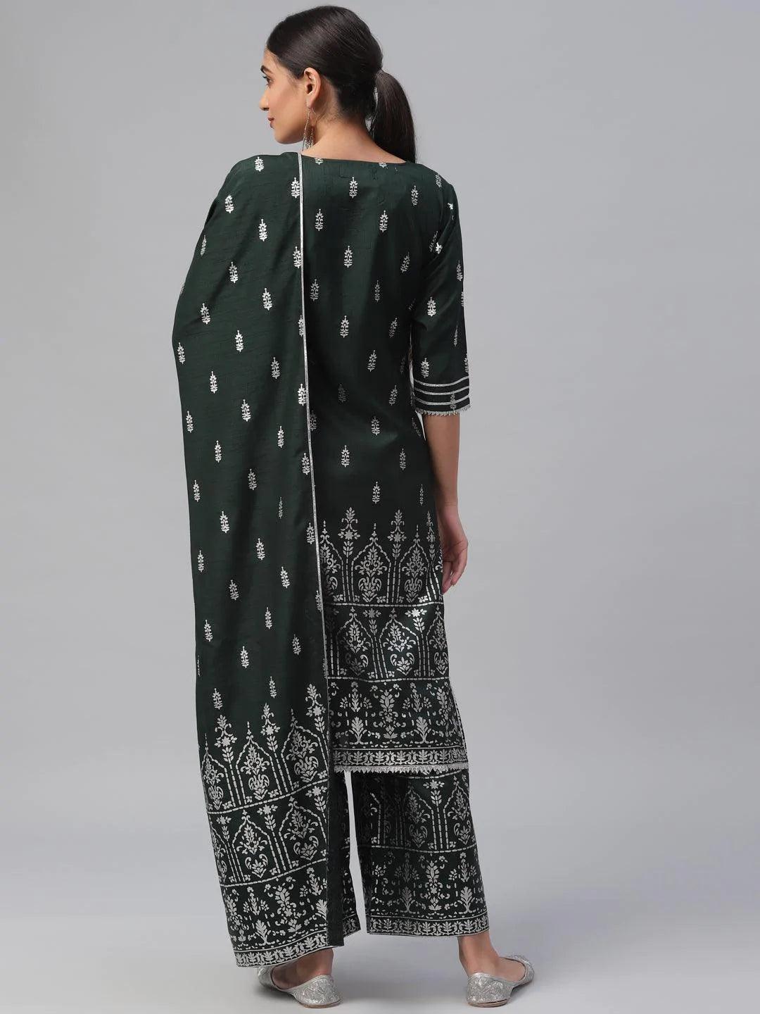 Green Printed Polyester Suit Set - ShopLibas