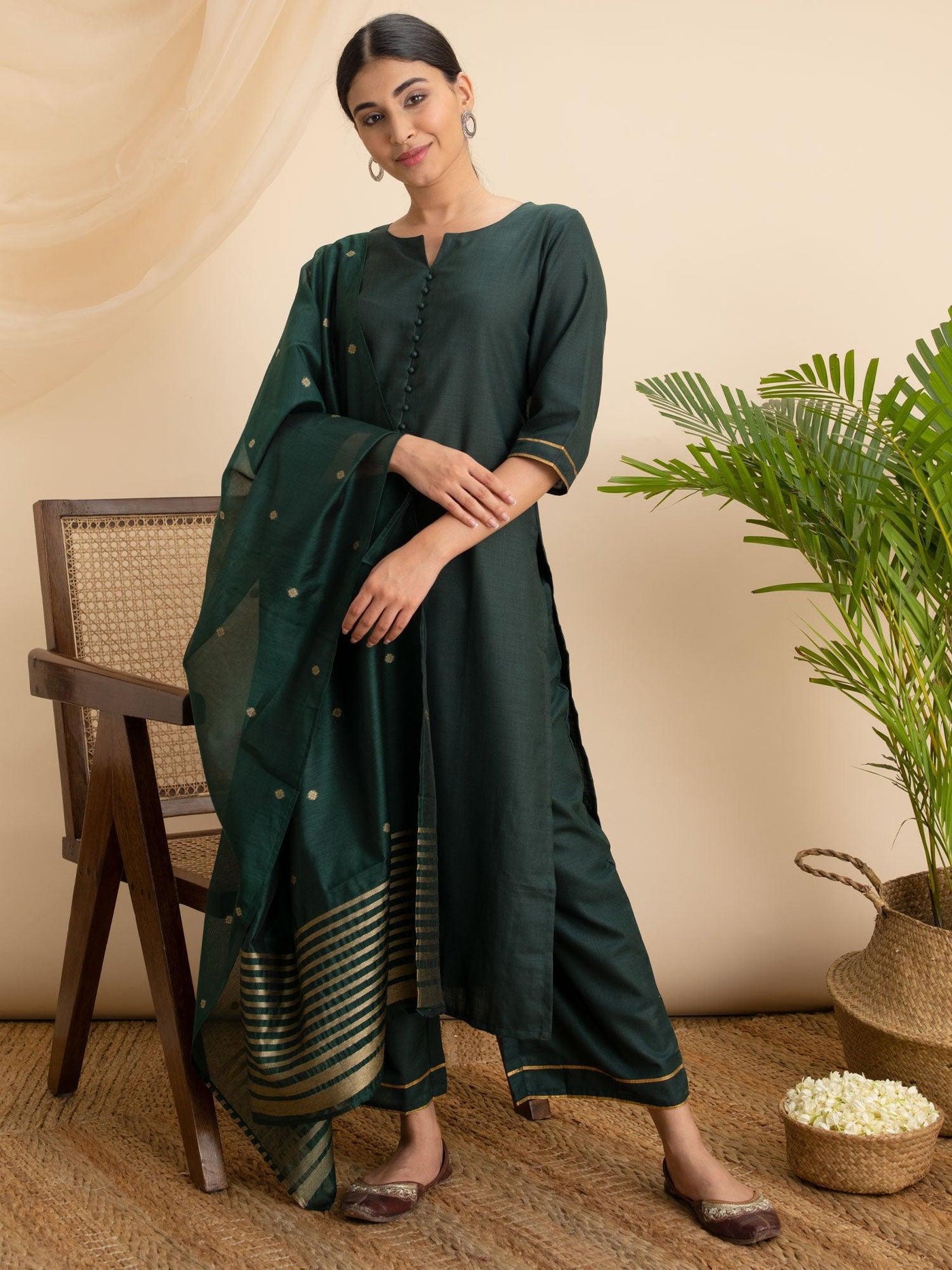 Buy Green Solid Cotton Suit Set Online | ShopLibas