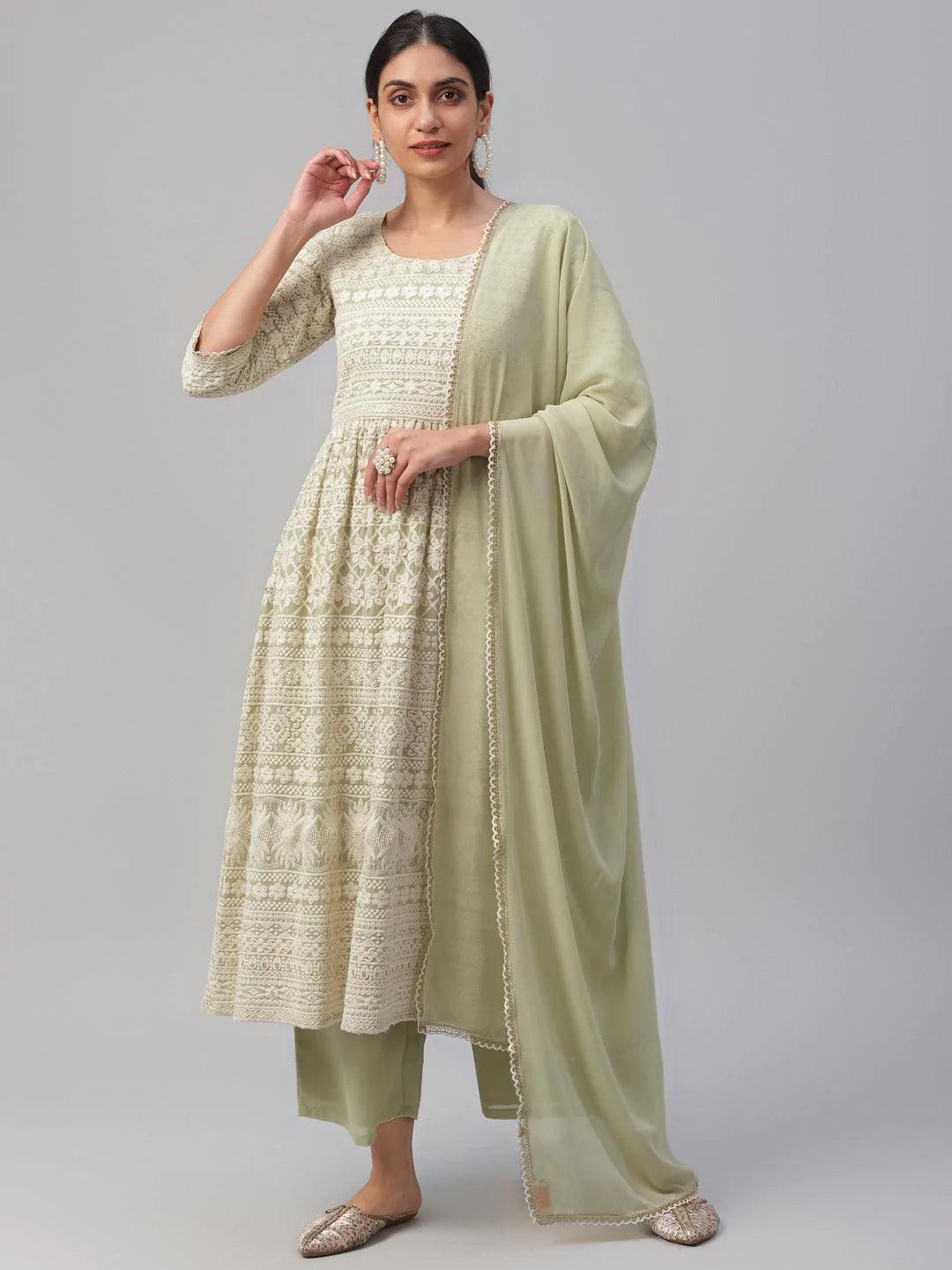Green Embroidered Georgette Suit Set - ShopLibas