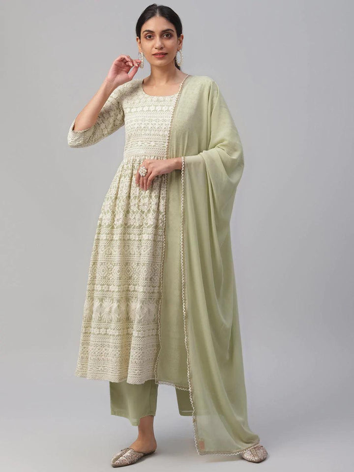Green Embroidered Georgette Suit Set - ShopLibas