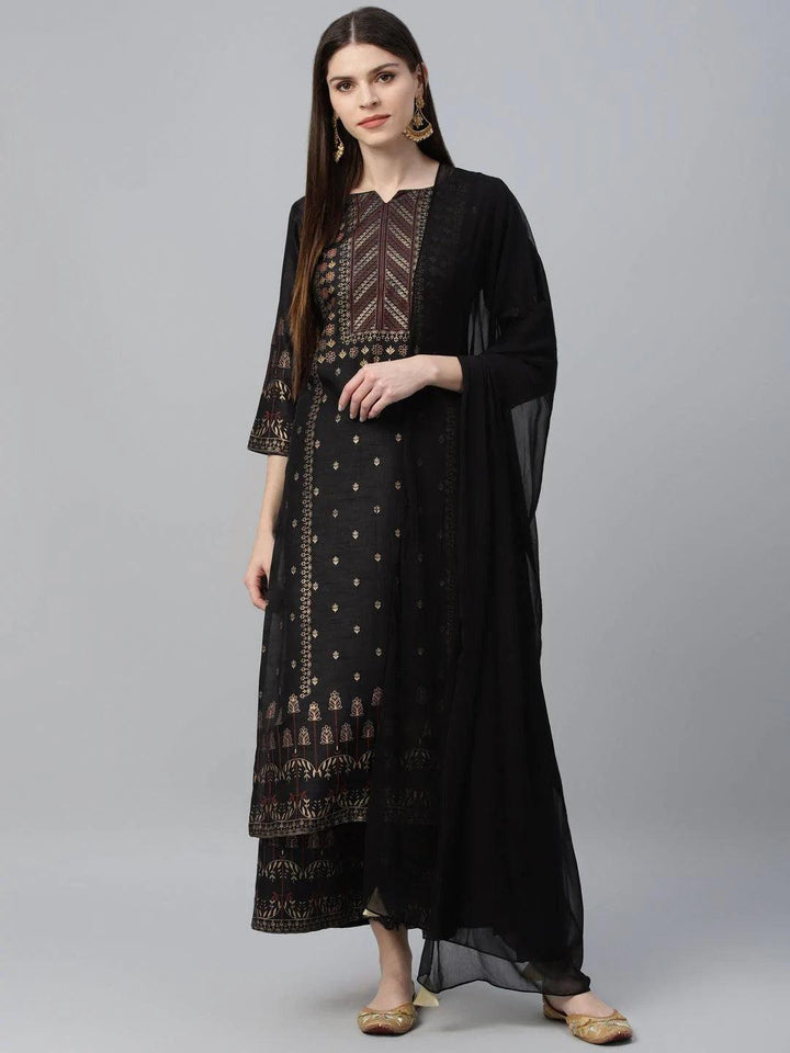 Black Printed Polyester Suit Set - ShopLibas