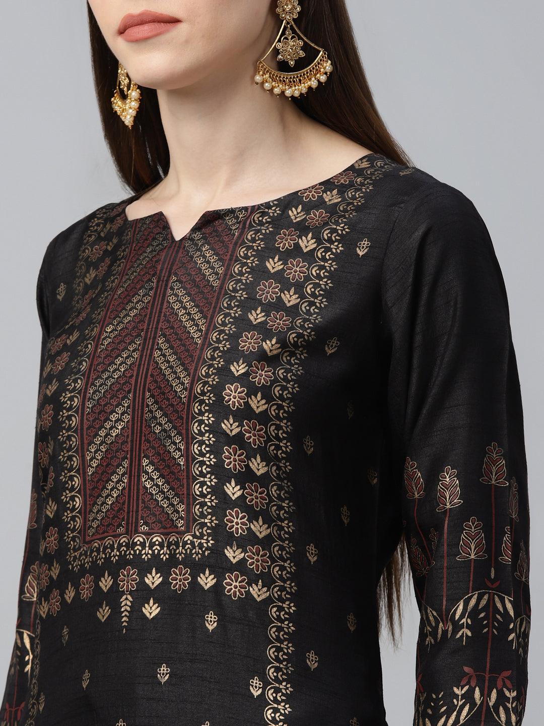 Black Printed Polyester Suit Set - ShopLibas