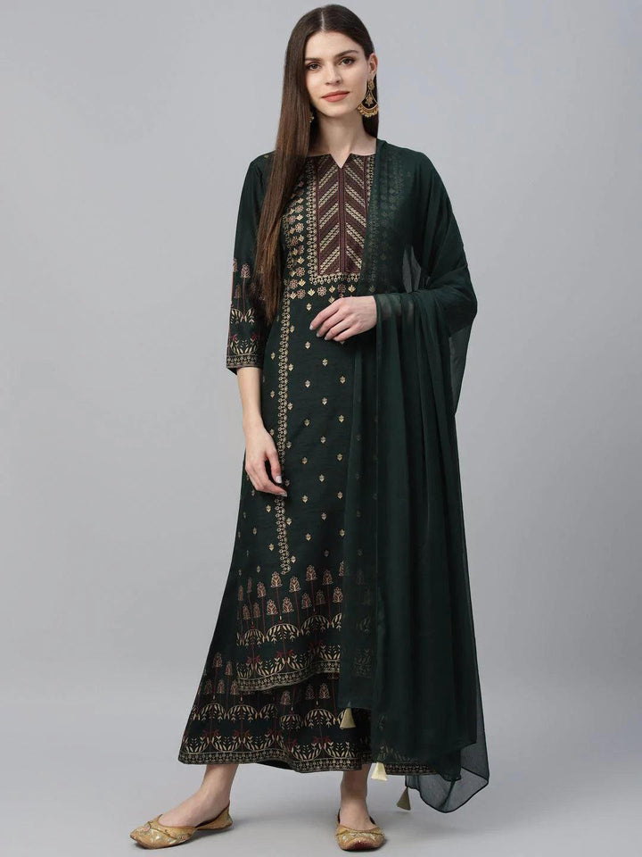Green Printed Polyester Suit Set - ShopLibas