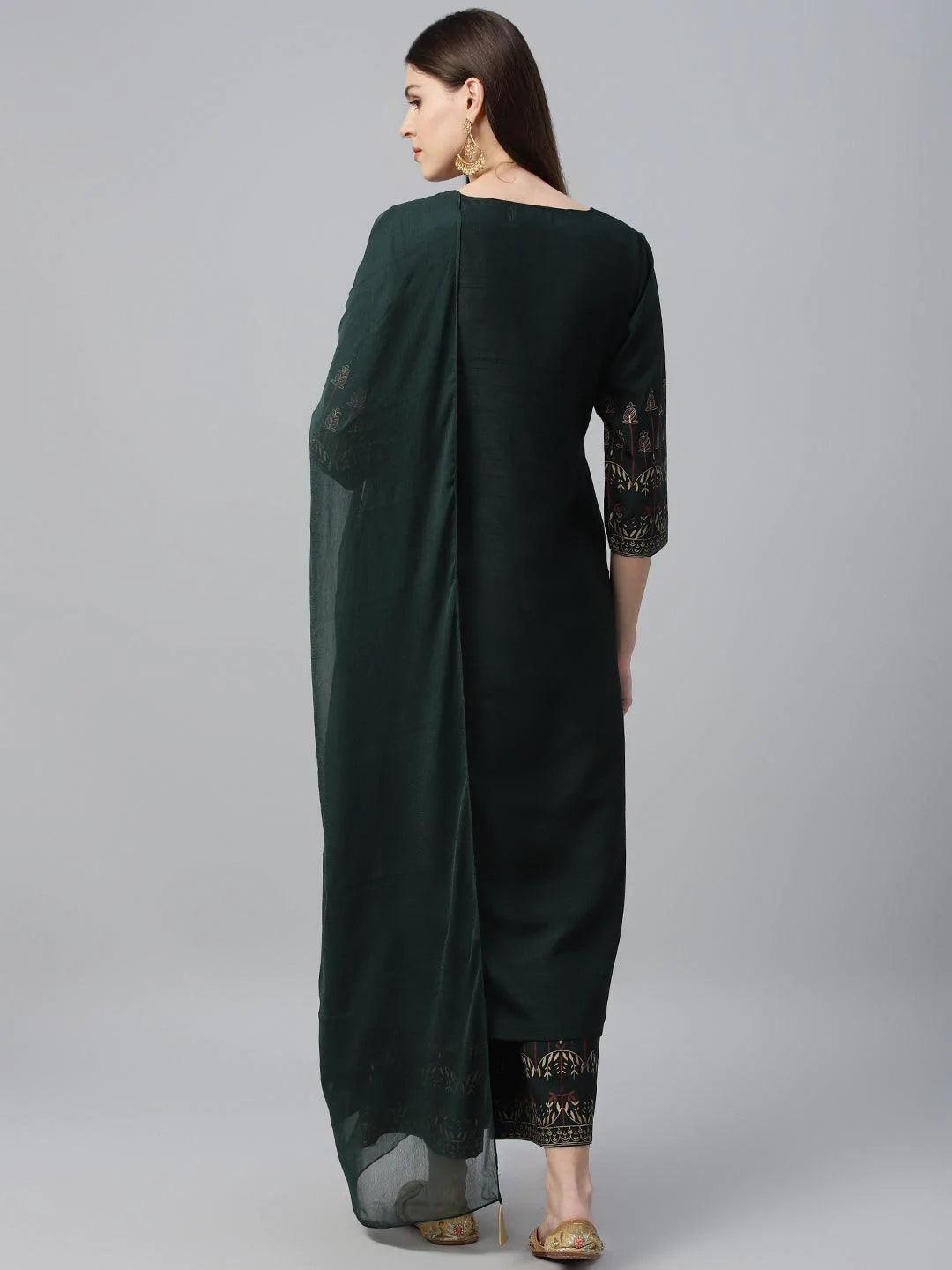 Green Printed Polyester Suit Set - ShopLibas
