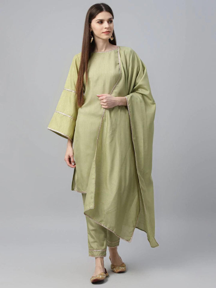 Green Solid Polyester Suit Set - ShopLibas
