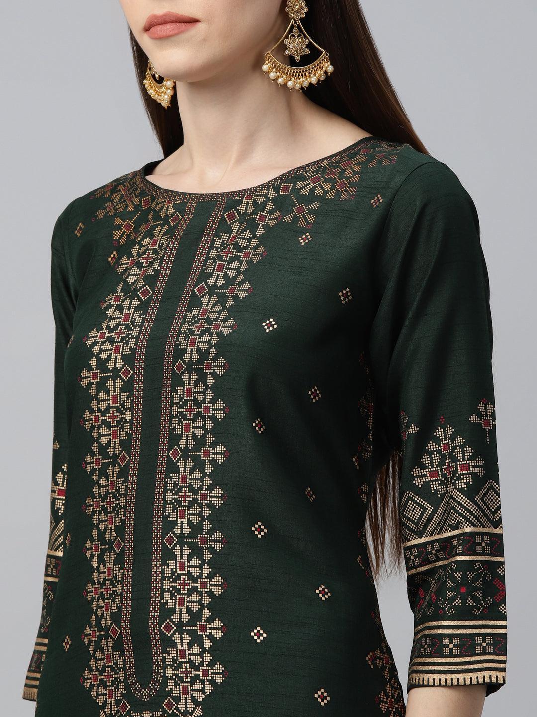 Green Printed Polyester Kurta Set - ShopLibas