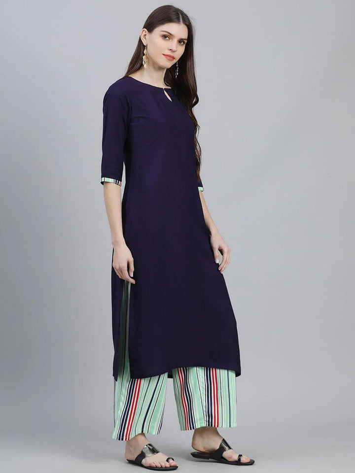 Navy Blue Solid Rayon Kurta Set - ShopLibas