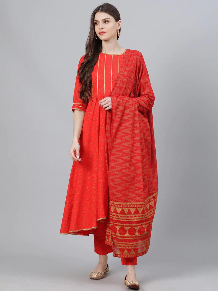 Red Printed Cotton Suit Set - ShopLibas