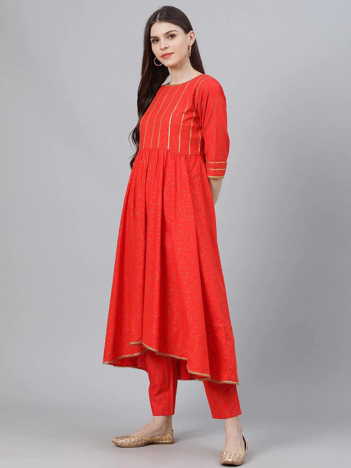 Red Printed Cotton Suit Set - ShopLibas