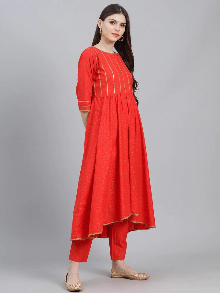 Red Printed Cotton Suit Set - ShopLibas