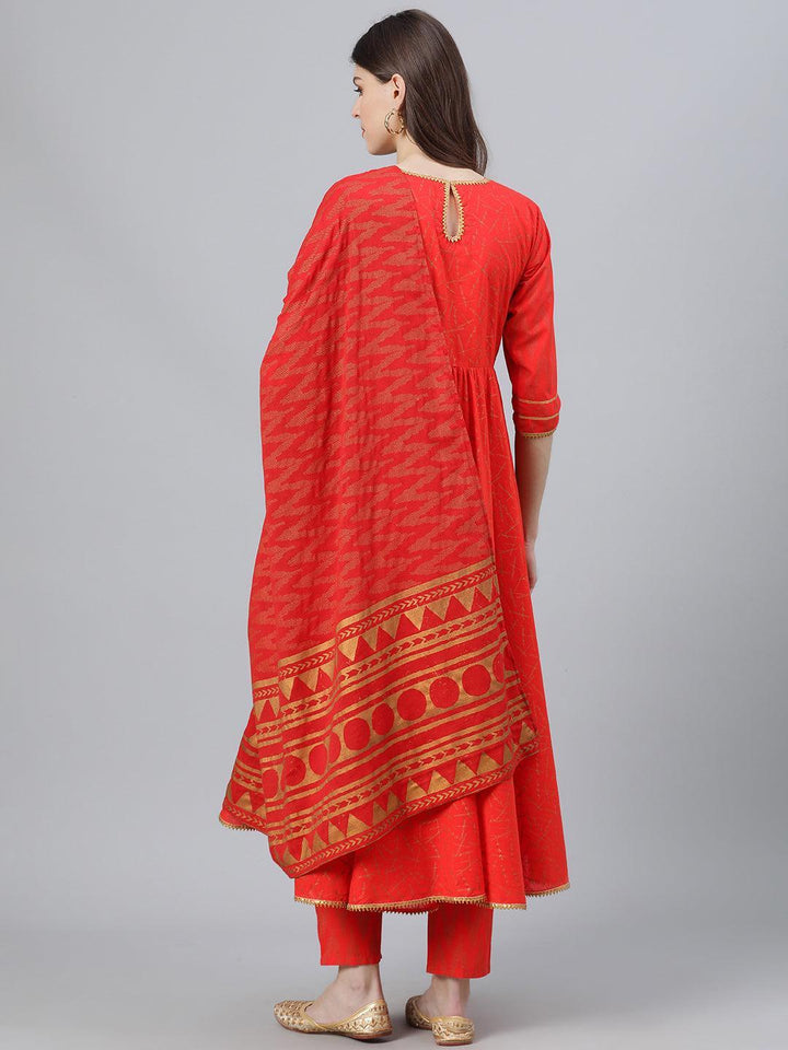 Red Printed Cotton Suit Set - ShopLibas
