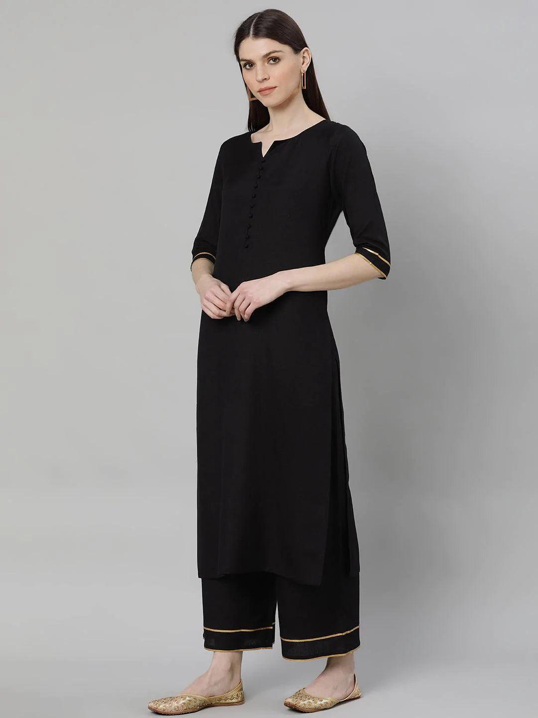 Black Solid Cotton Suit Set - ShopLibas