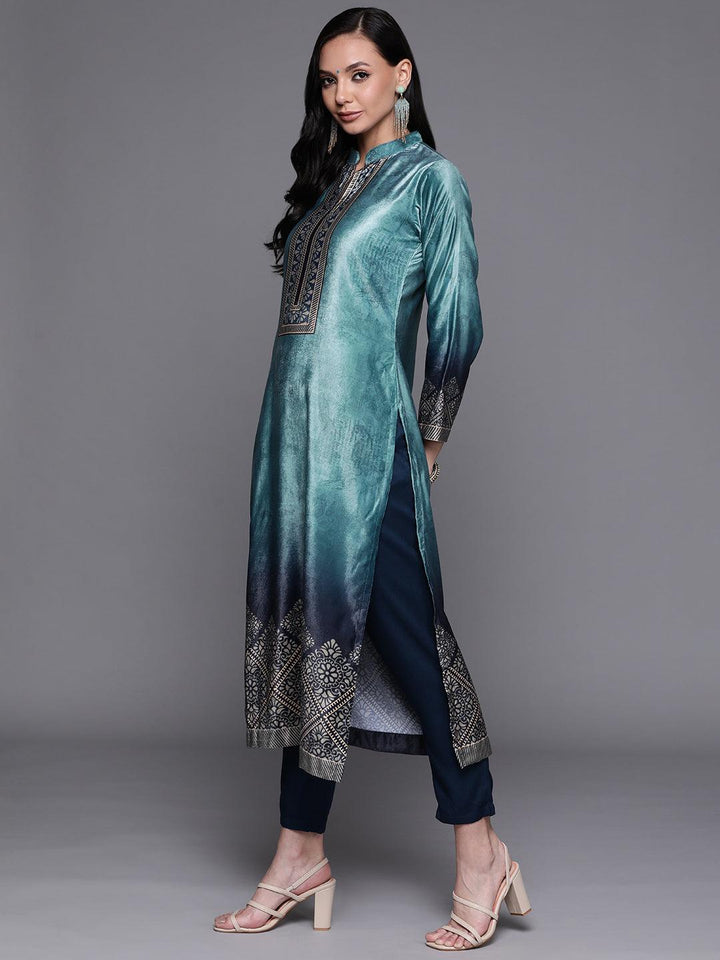 Blue Printed Velvet Suit Set - ShopLibas