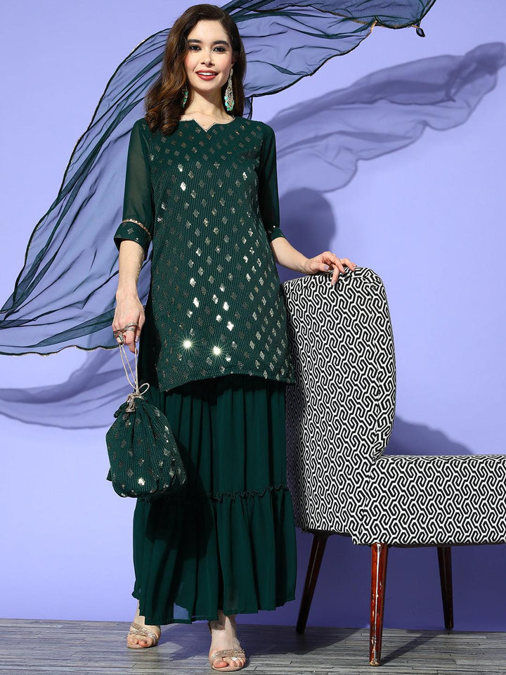 Green Embroidered Georgette Straight Sharara Suit Set - ShopLibas