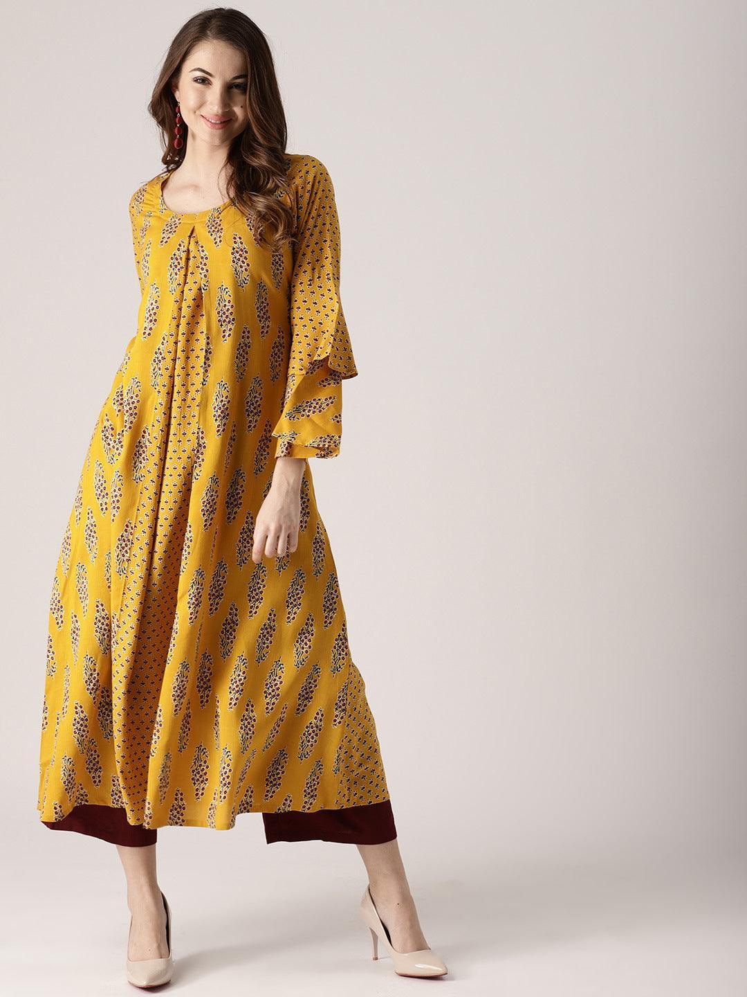Yellow Printed Rayon Kurta - ShopLibas