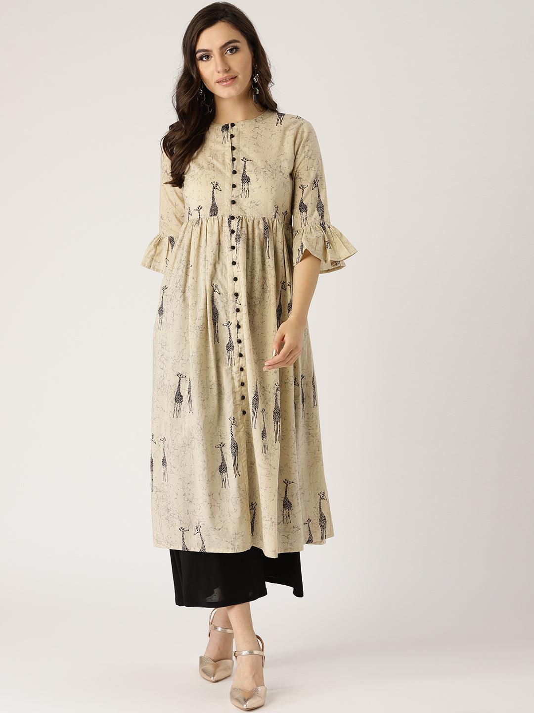 Beige Printed Cotton Kurta - ShopLibas