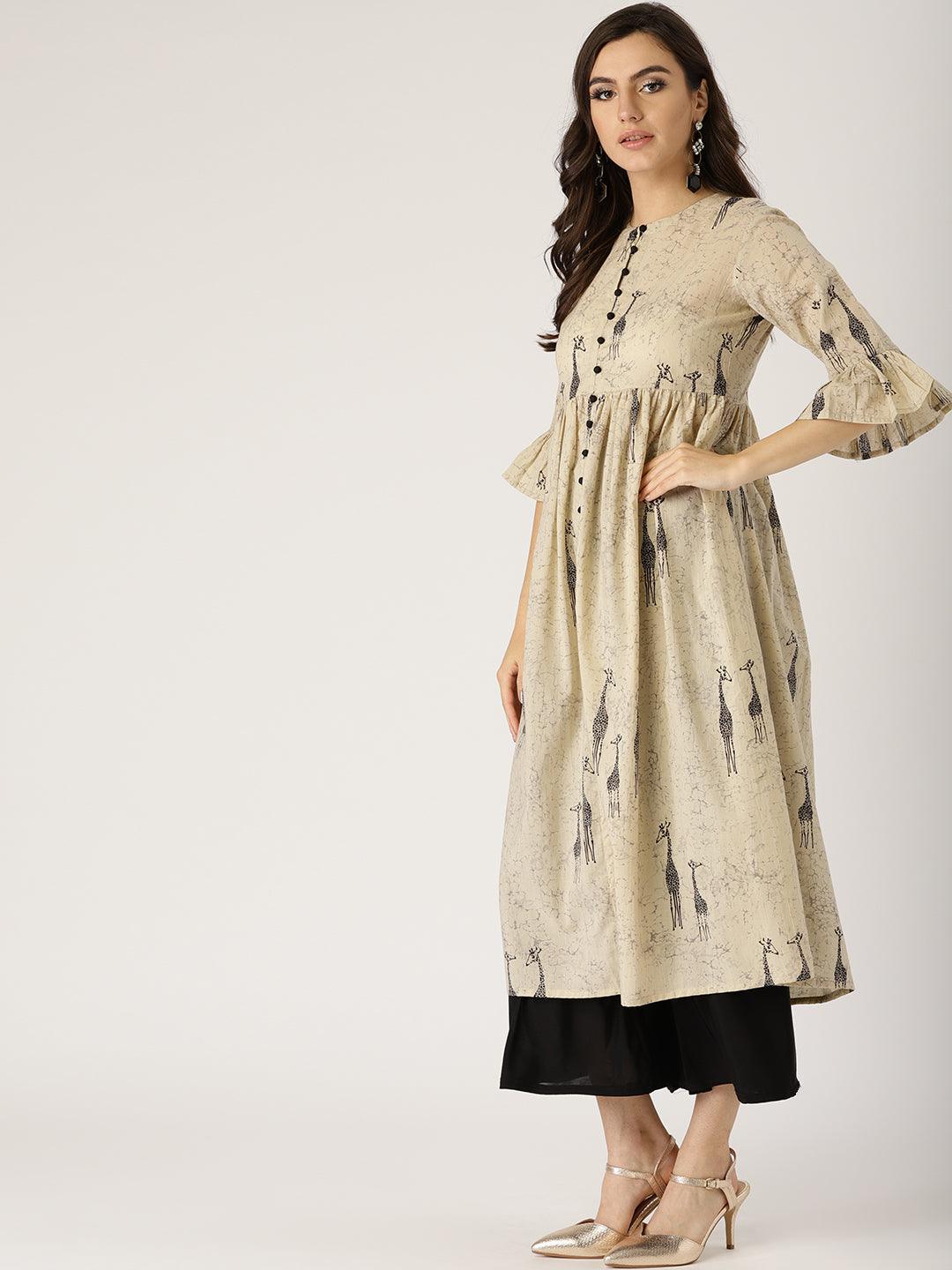 Beige Printed Cotton Kurta - ShopLibas