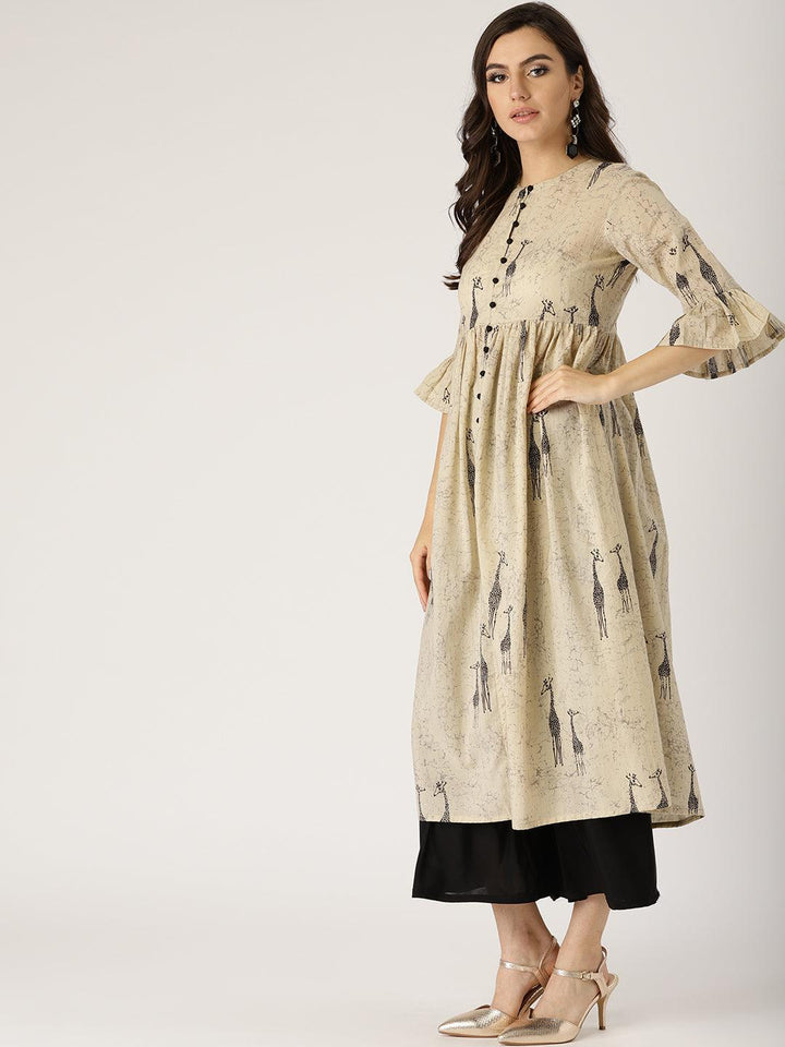 Beige Printed Cotton Kurta - ShopLibas