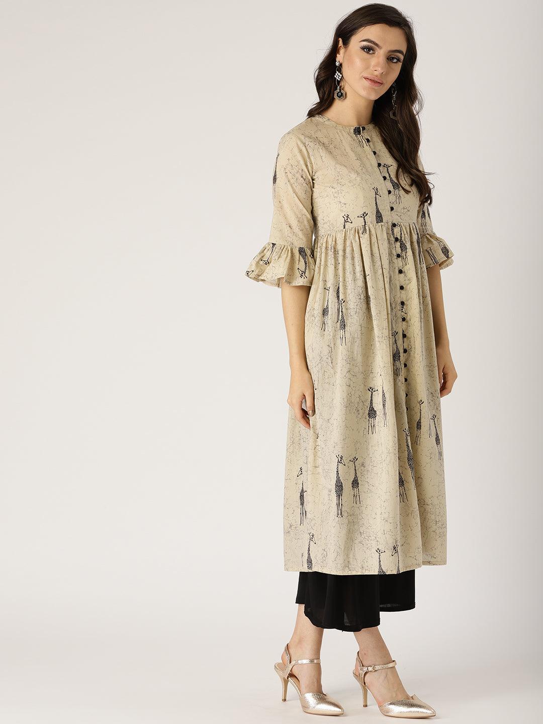 Beige Printed Cotton Kurta - ShopLibas
