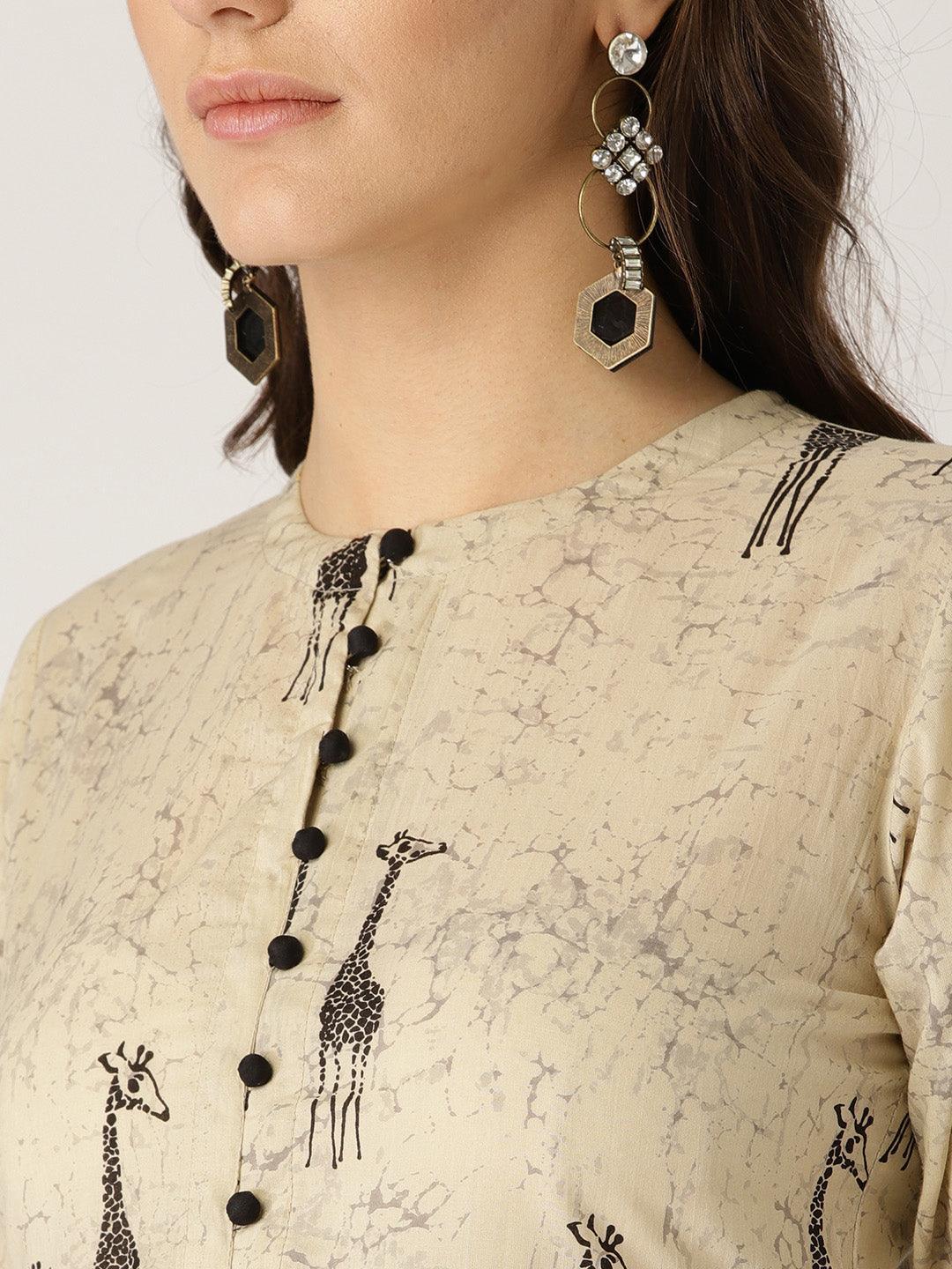 Beige Printed Cotton Kurta - ShopLibas