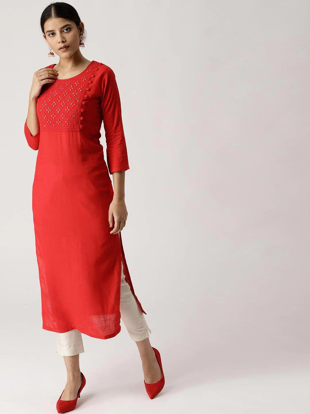 Red Solid Rayon Kurta - ShopLibas