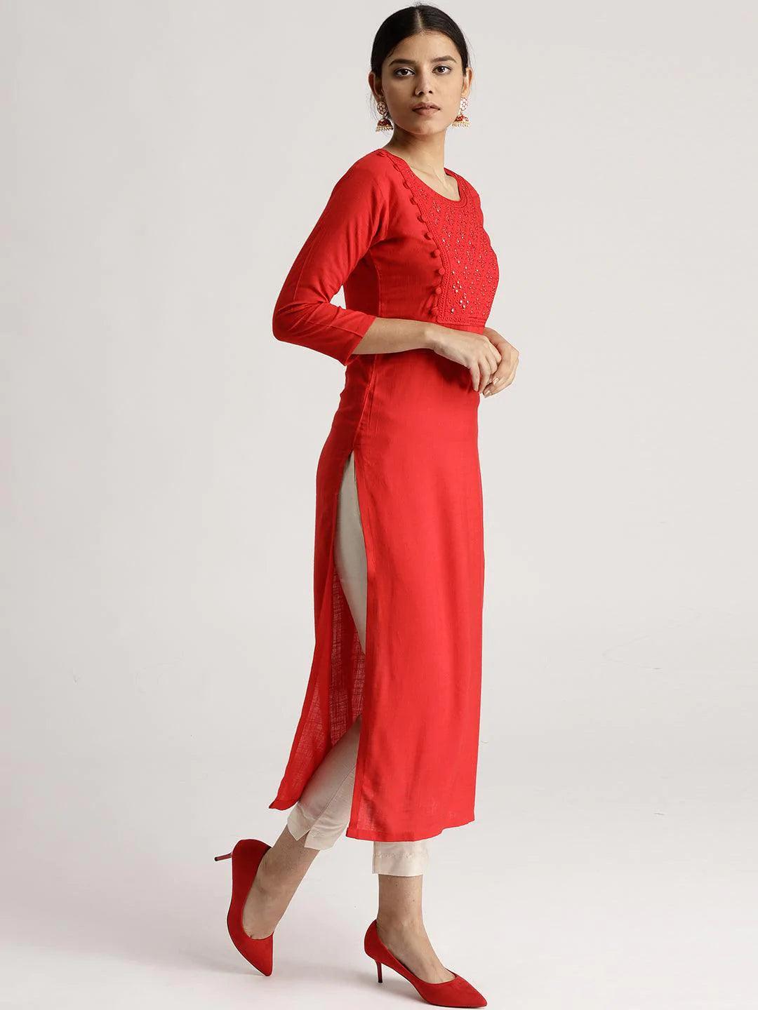 Red Solid Rayon Kurta - ShopLibas 