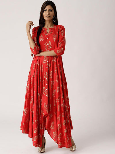 Red Printed Rayon Dress - ShopLibas