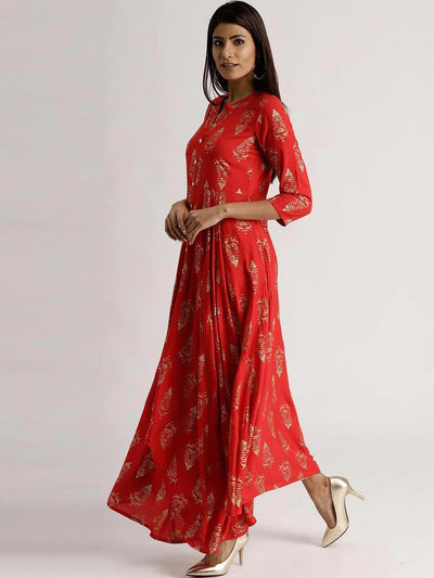 Red Printed Rayon Dress - ShopLibas