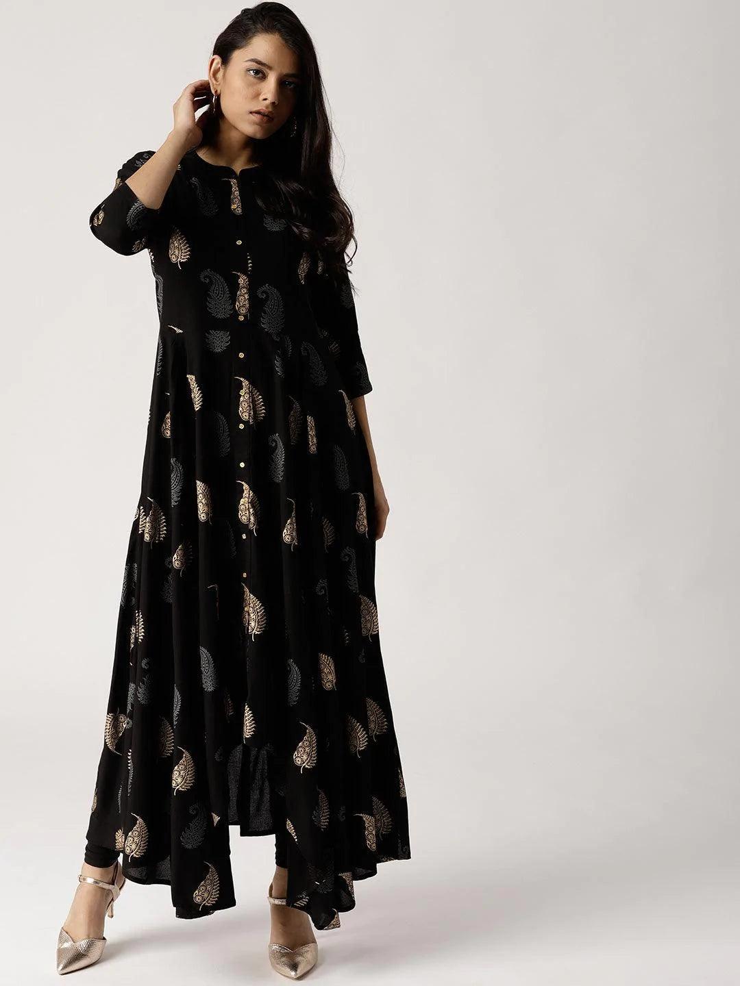 Black Printed Rayon Kurta - ShopLibas