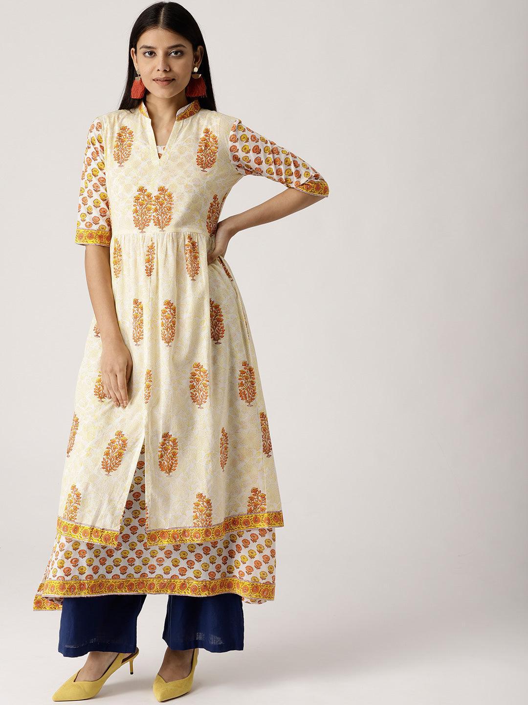 Yellow Printed Cotton Kurta With Jacket - ShopLibas