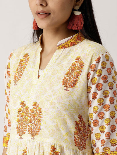 Yellow Printed Cotton Kurta With Jacket - ShopLibas