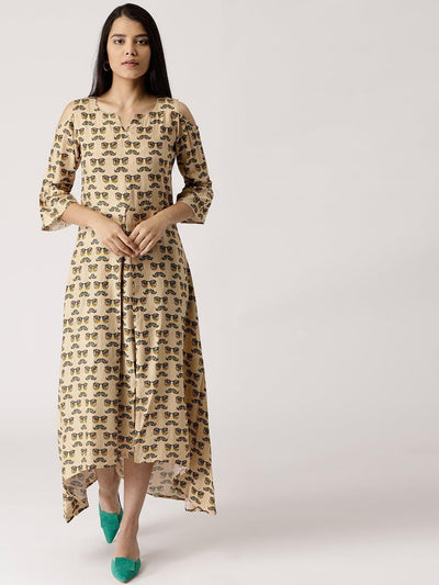 Beige Printed Rayon Dress - ShopLibas