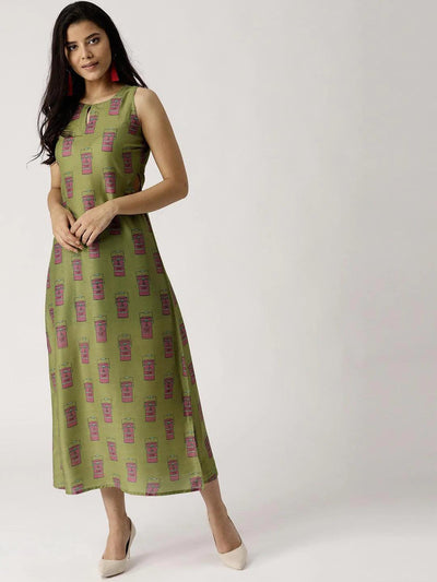 Olive Green Printed Silk Dress - ShopLibas