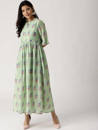 Green Printed Silk Dress - ShopLibas