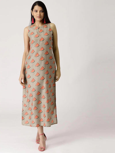 Brown Printed Silk Dress - ShopLibas