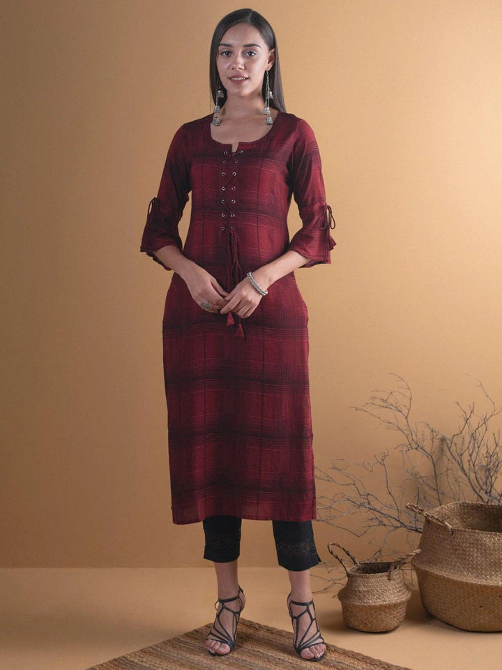 Maroon Checkered Rayon Kurta - ShopLibas