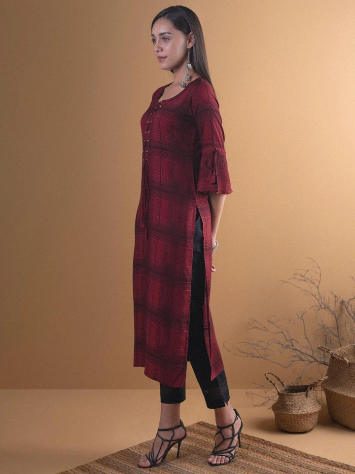 Maroon Checkered Rayon Kurta - ShopLibas