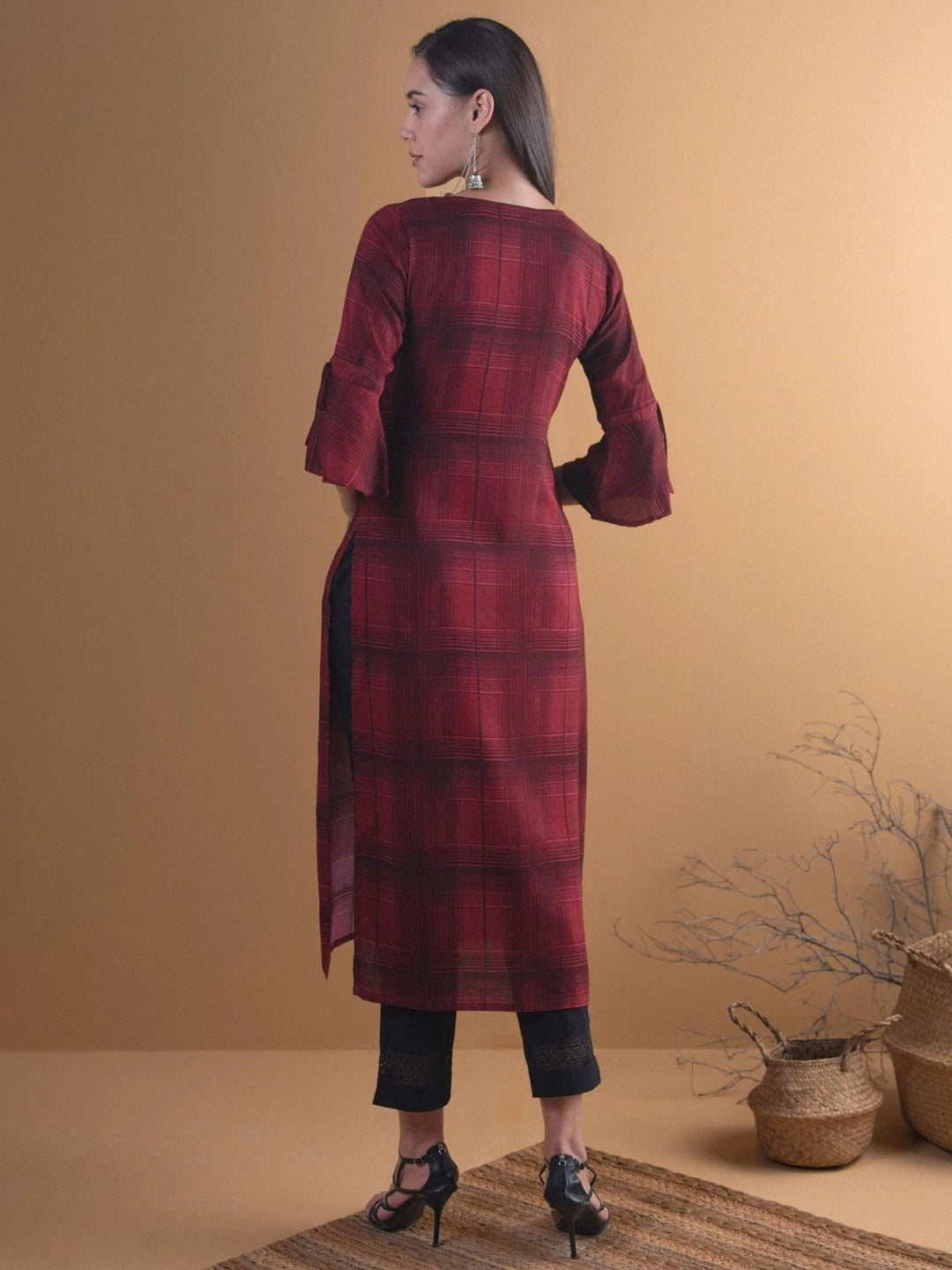 Maroon Checkered Rayon Kurta - ShopLibas