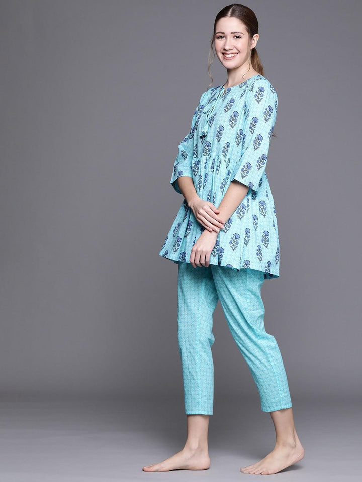 Blue Printed Cotton Night Suit - ShopLibas